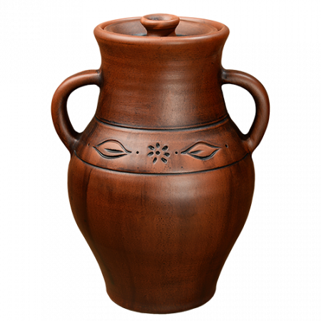 Щелкните для уменьшения или перетащите для перемещения Крынка 24 см + б. ручки + крышка (орнамент - листья) - Глиняные, гончарные изделия - ООО Гончар